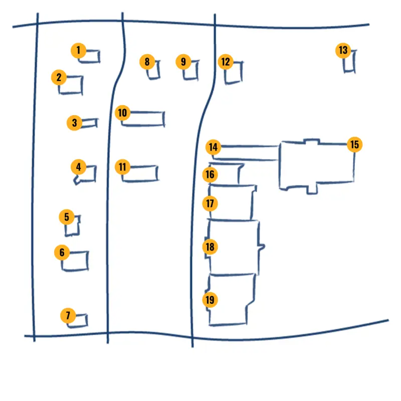 Overhead map rendering of Sandcreek Commons shops and parking area
